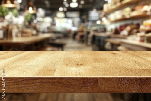 Table and blur background, Wooden counter over blur bokeh light background, Brown wood table top, shelf for food and retail shop, store product display backdrop, banner, mockup, template, ai