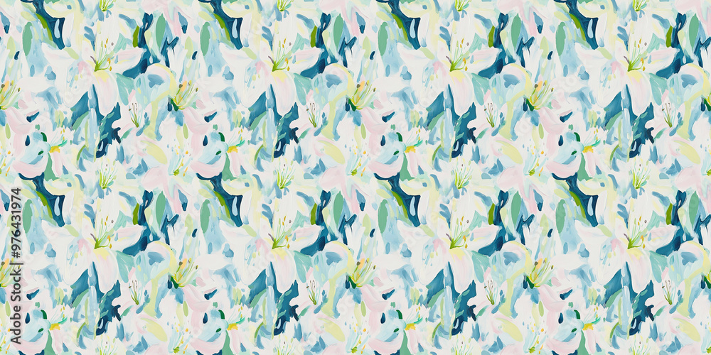 dreamy and clean abstract pattern of lilies in a naive impressionistic style with gouache