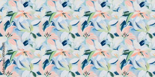 dreamy and clean abstract pattern of lilies in a naive impressionistic style with gouache