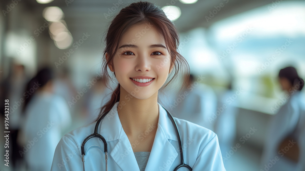 happy Asian doctors men and women in white coats, the background is a sky bridge. the business management team who work on strategic. happy Asian doctors men and women in white coats, the background is a sky bridge. the business management team who work on strategic.