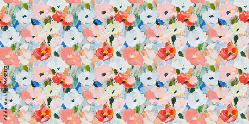 Fototapeta premium dreamy and clean abstract pattern of poppies in a naive impressionistic style with gouache