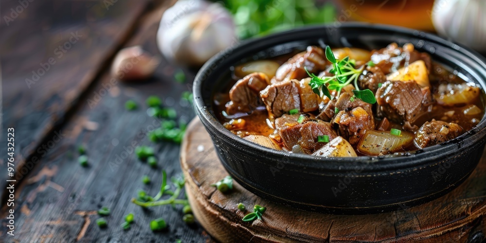 Classic Stew with Ale and Onions Served in a Dark Bowl on a Weathered Wooden Surface Classic Stew with Ale and Onions Served in a Dark Bowl on a Weathered Wooden Surface