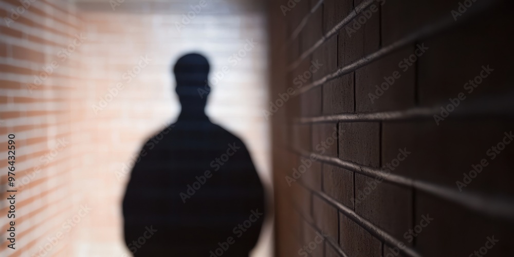 Mysterious silhouette of a figure casting a shadow in a dimly lit hallway with brick walls, evoking suspense and intrigue suitable for dramatic and thematic stock images.
