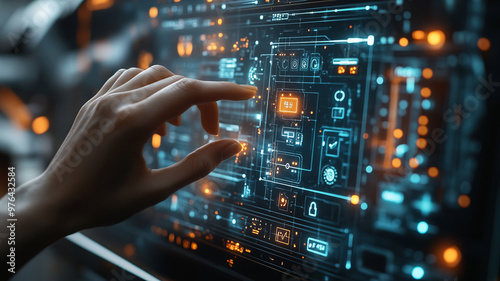 A person authorizes a transaction on a smart home panel, surrounded by security tech.