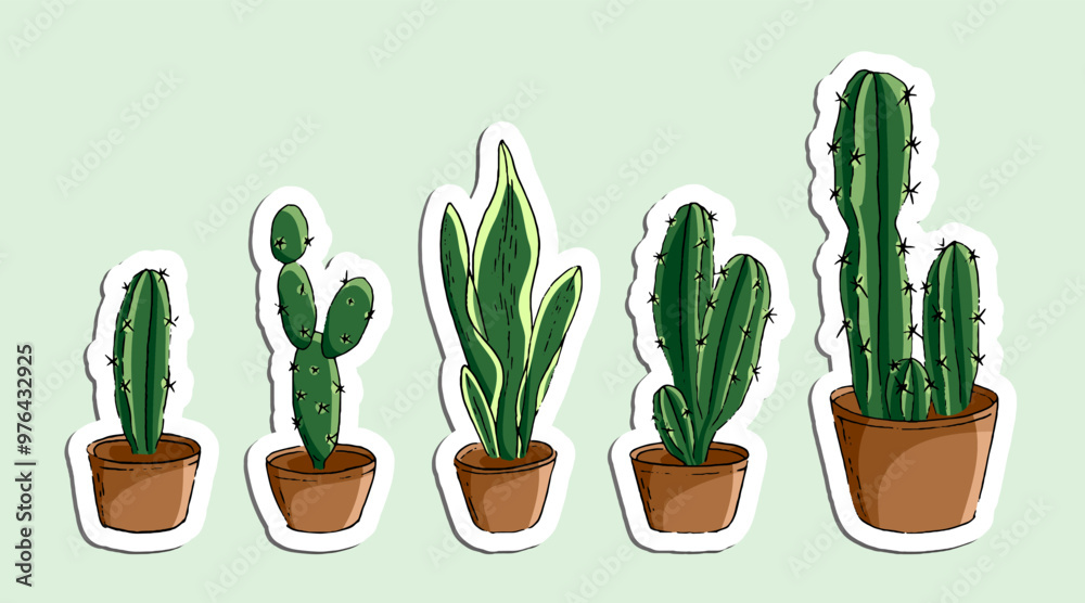 Set of hand drawn cactus on pot doodles, suitable for background element, cute sticker and other media. Set of hand drawn cactus on pot doodles, suitable for background element, cute sticker and other media.