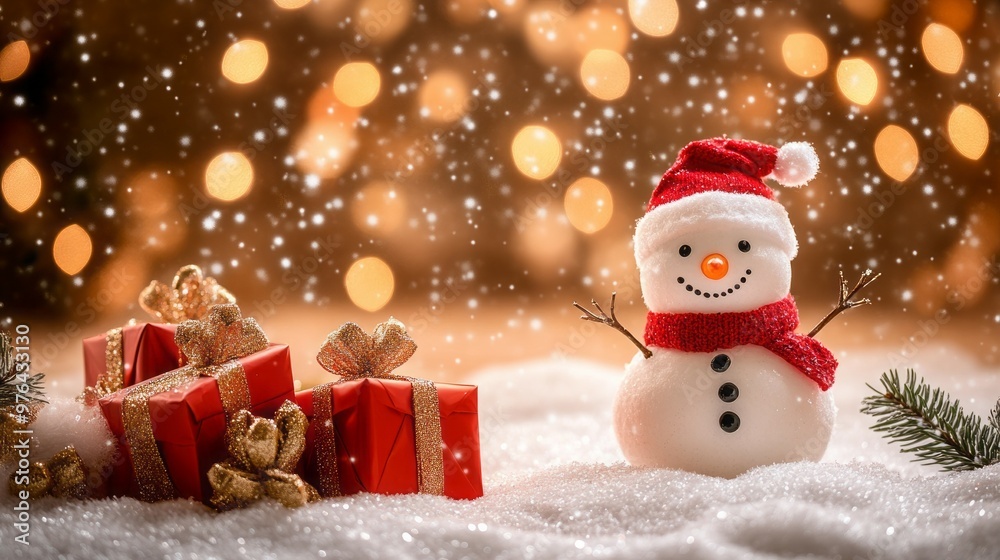 A snowman smiles with presents under a snowy sky. A snowman smiles with presents under a snowy sky.