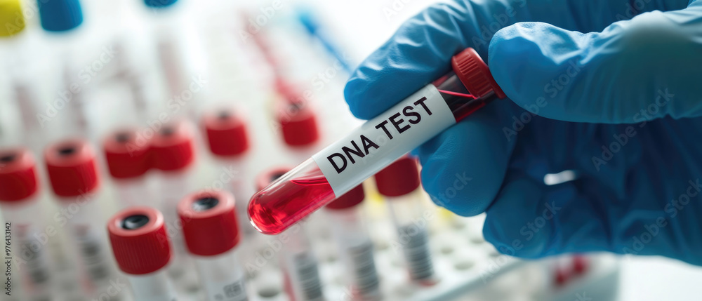 A person is holding a red tube that says DNA test. The tube is in a lab setting with other tubes and bottles A person is holding a red tube that says DNA test. The tube is in a lab setting with other tubes and bottles