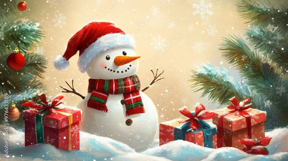 Smiling snowman in a red hat and scarf with gifts. Smiling snowman in a red hat and scarf with gifts.