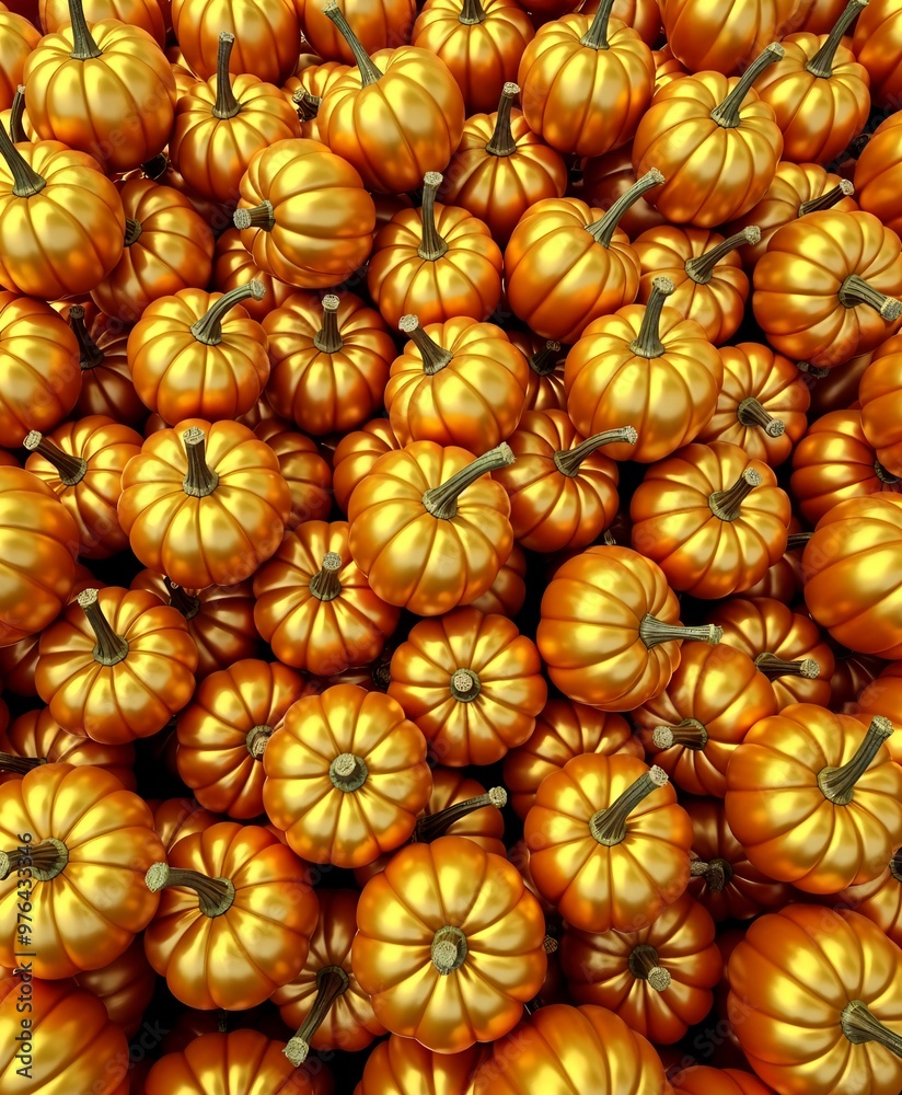 Fototapeta premium Halloween gold pumpkins background with shiny autumn decor for festive fall harvest and spooky holiday celebrations