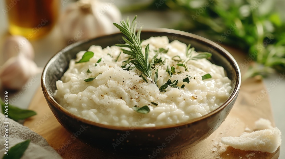 Delicious Creamy Risotto Recipe Handcrafted Bowl with Fresh Herbs and Parmesan Cheese, Comforting Artisanal Cuisine Delicious Creamy Risotto Recipe Handcrafted Bowl with Fresh Herbs and Parmesan Cheese, Comforting Artisanal Cuisine