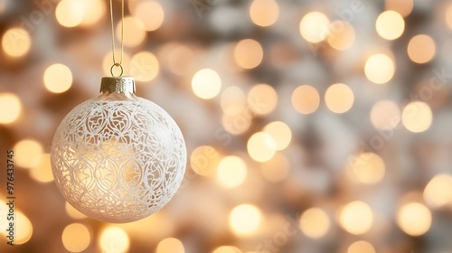 White Christmas Ornament with Golden Bokeh Lights