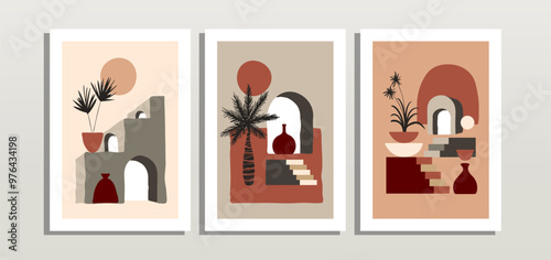 Set of 3 bohemian poster background with mid century element, pottery, palm leaf, stair and abstract shape element. Suitable for wall art, home decor, background, poster, cover and other template.