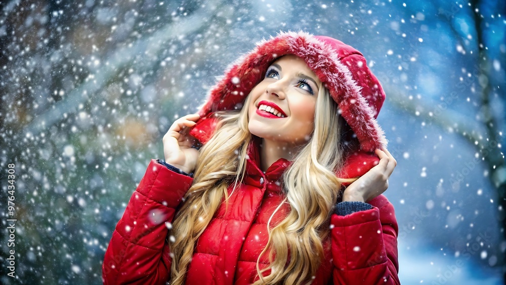 Happy Woman In Red Coat Looking Up In The Snow. Happy Woman In Red Coat Looking Up In The Snow.