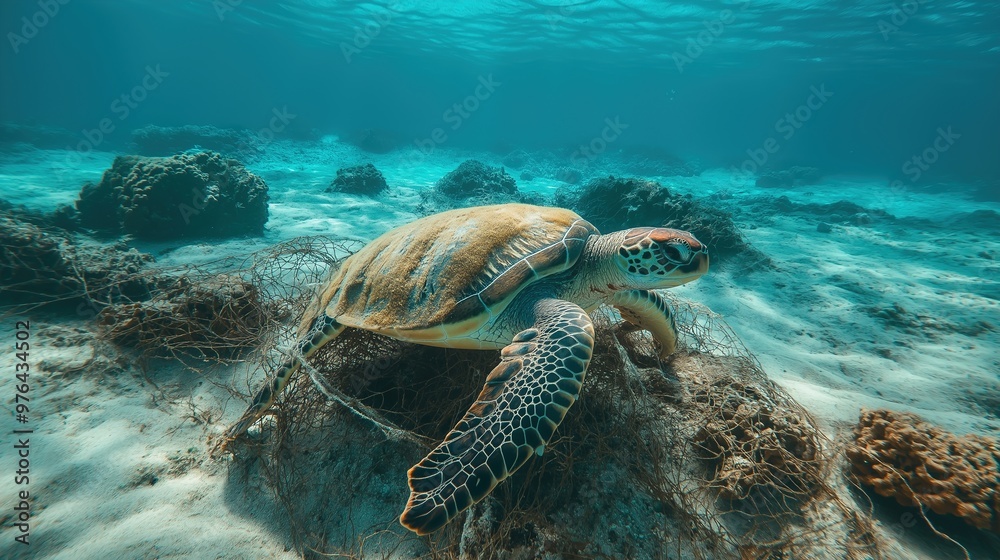 Obraz premium Sea ​​turtle trapped in fishing net