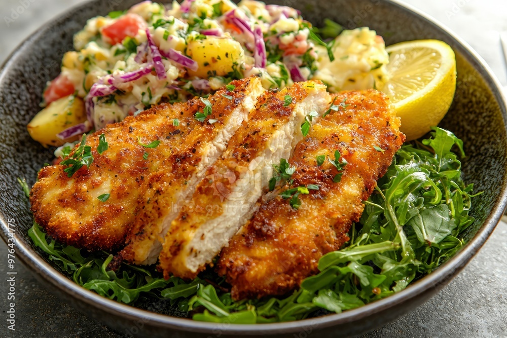 Breaded Chicken Cutlets with Potato Salad and Arugula Breaded Chicken Cutlets with Potato Salad and Arugula