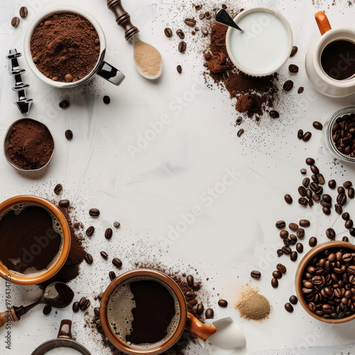 Photo of a coffee and milk cup with coffee beans on the side, surrounded by an array of various cafe products on a white background. Copy space in the left and center