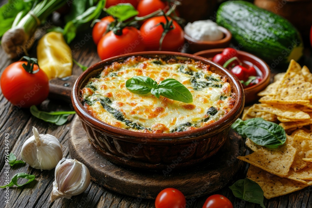 Spinach and Cheese Dip with Basil and Tortilla Chips