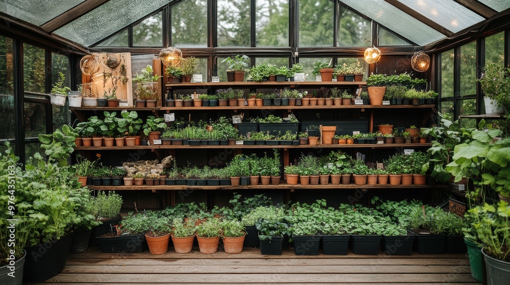 Lush verdant greenhouse filled with a diverse array of potted plants herbs and seedlings Lush verdant greenhouse filled with a diverse array of potted plants herbs and seedlings