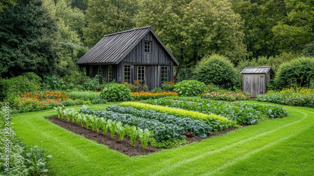 Manicured well-tended vegetable garden with rows of thriving produce and a tool shed in the background Manicured well-tended vegetable garden with rows of thriving produce and a tool shed in the background