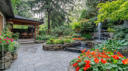 Lush meticulously landscaped backyard oasis with a paved patio vibrant flower beds and a bubbling water fountain