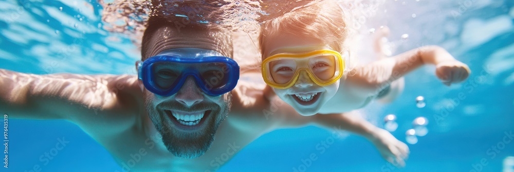 Fototapeta premium Two kids are seen swimming underwater, wearing colorful goggles, and enjoying the activity in clear, blue water. The scene captures joy and childhood in a pool setting.