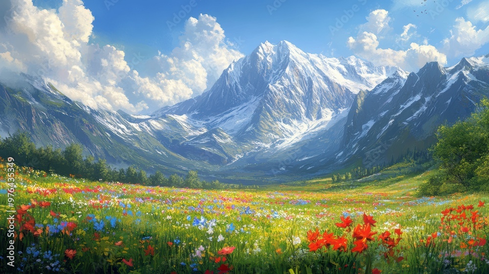 Vibrant flower-filled meadow nestled at the base of a towering snow-capped mountain range Vibrant flower-filled meadow nestled at the base of a towering snow-capped mountain range
