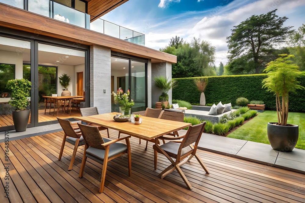Fototapeta premium Modern Patio with Wooden Deck and Outdoor Furniture.