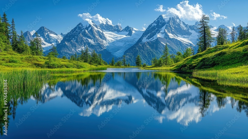 Serene Reflections: Majestic Snow-Capped Mountain Peaks Mirrored in Tranquil Alpine Lake