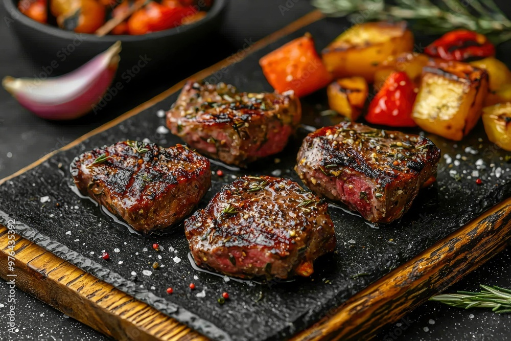 Close-up of Grilled Steaks with Roasted Vegetables and Herbs on a Slate Plate Close-up of Grilled Steaks with Roasted Vegetables and Herbs on a Slate Plate