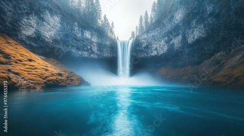 Dramatic thundering waterfall plunging over a towering rocky cliff into a pristine turquoise river below