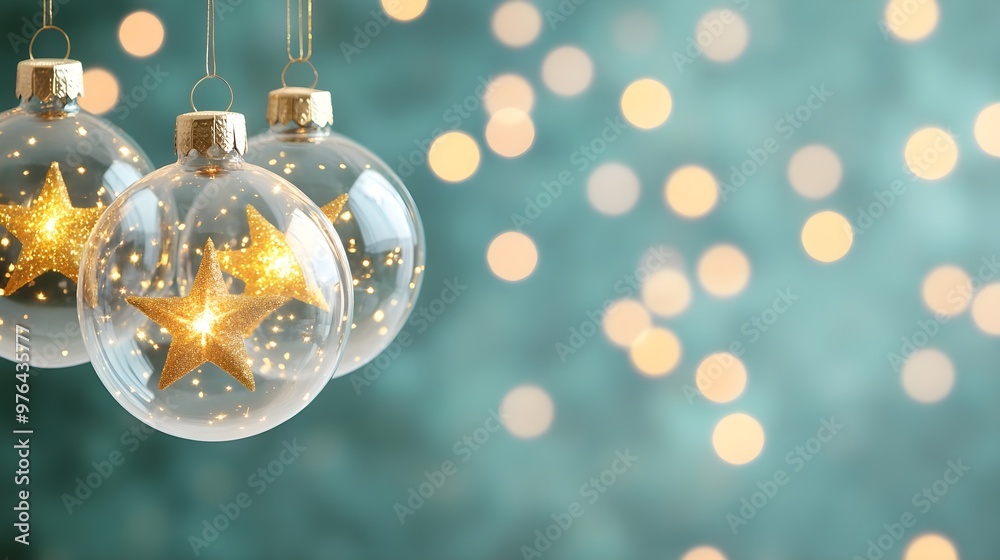 Christmas Ornaments with Gold Stars and Teal Bokeh Lights Christmas Ornaments with Gold Stars and Teal Bokeh Lights