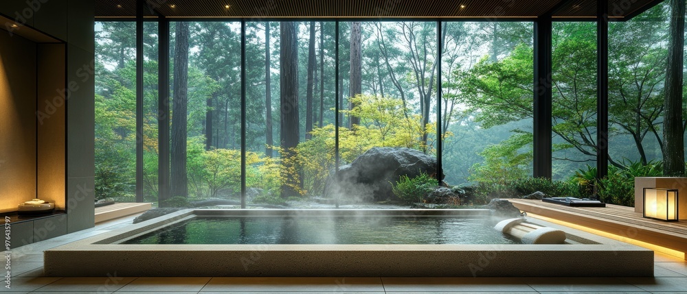 Minimalist modern onsen spa blending seamlessly into a pristine old-growth forest Minimalist modern onsen spa blending seamlessly into a pristine old-growth forest