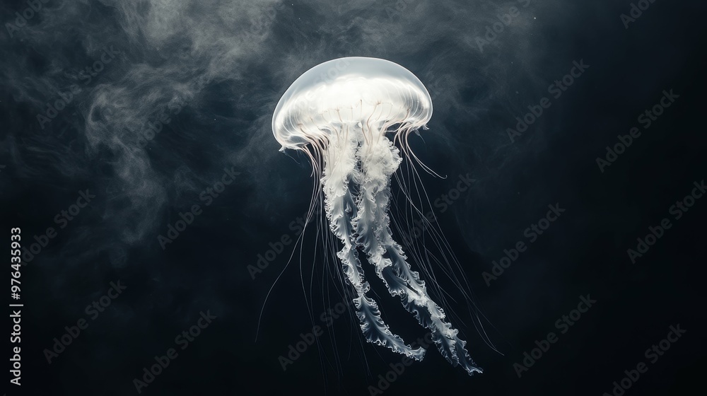 Elegant monochromatic medusa jellyfish drifting through a calming mist-shrouded sea Elegant monochromatic medusa jellyfish drifting through a calming mist-shrouded sea