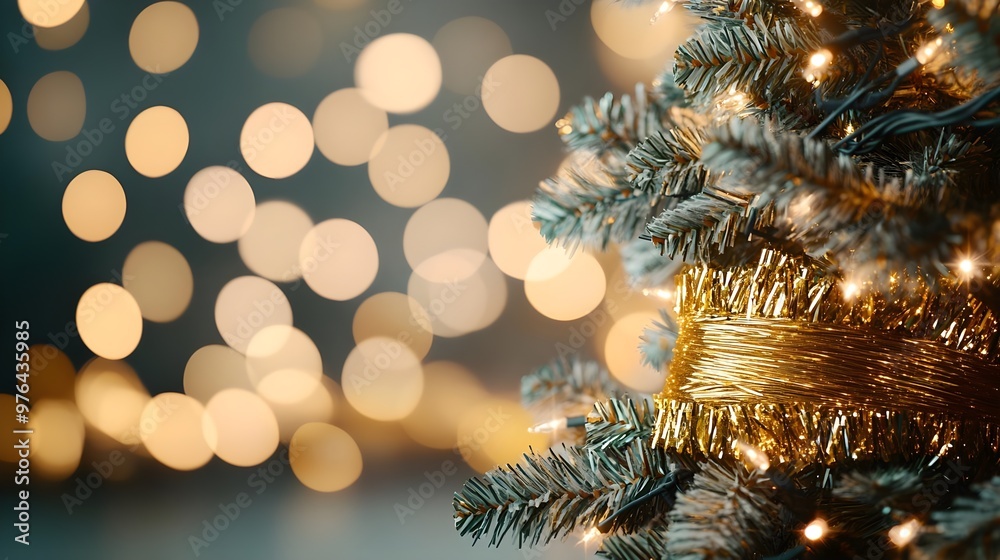 Christmas Tree Closeup with Golden Tinsel and Lights