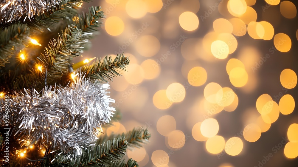 Christmas Tree Close-up with Golden Bokeh Lights