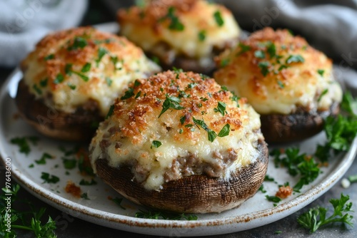 Close-up of Four Stuffed Mushrooms Topped with Melted Cheese and Breadcrumbs photo