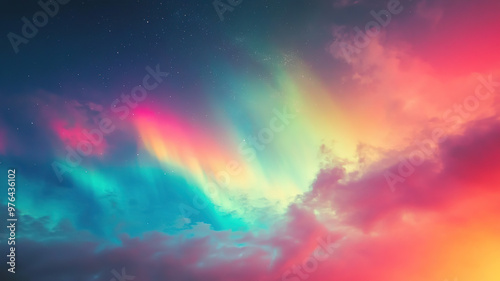 A pink and green aurora display lights up the sky over the silhouette of trees, night photography, ultra realistic, wide angle lens, generated with ai