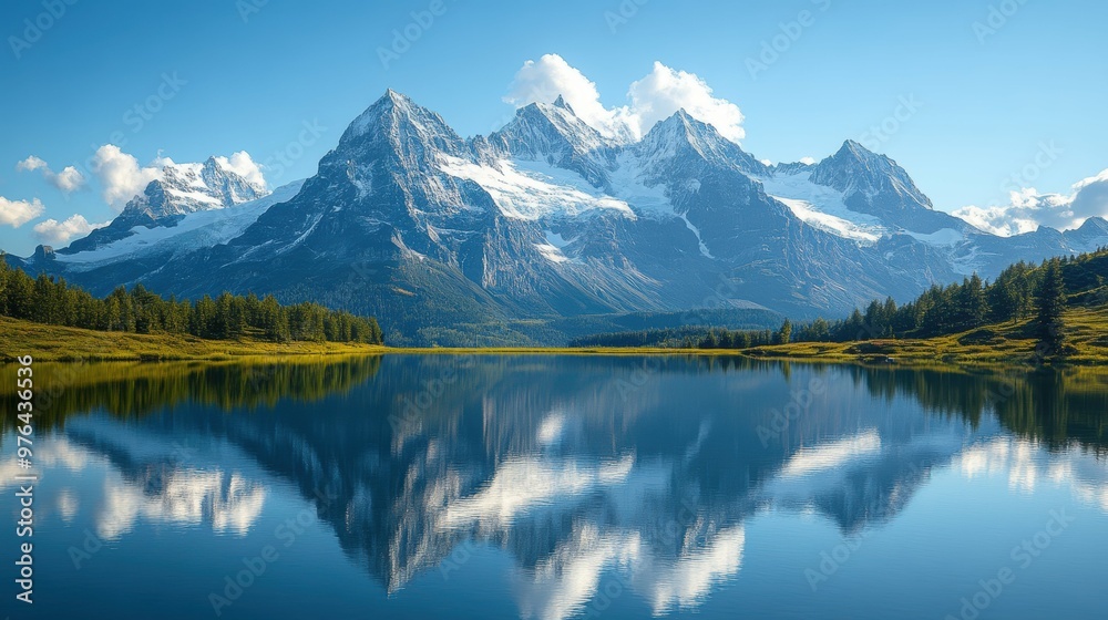 Majestic snow-capped mountain range reflected in the still mirror-like surface of a tranquil alpine lake Majestic snow-capped mountain range reflected in the still mirror-like surface of a tranquil alpine lake