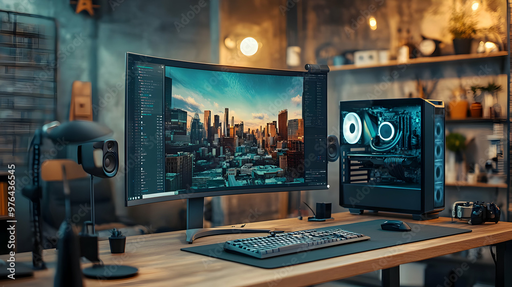 Curved Computer Monitor Desktop Setup with Cityscape Background Illustration