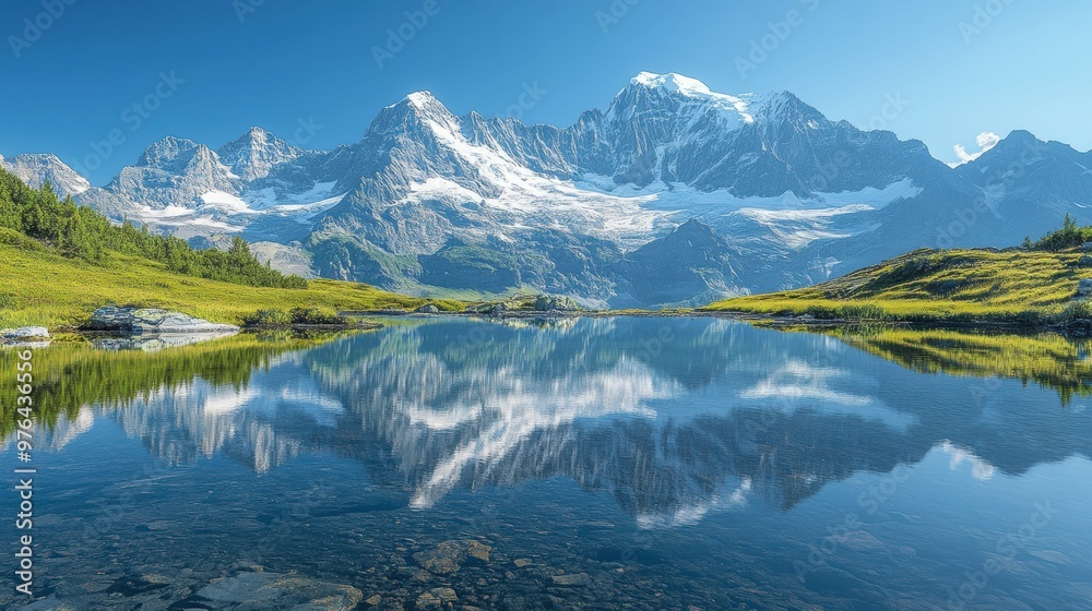 Serene Reflections - Majestic snow-capped mountain range mirrored in tranquil alpine lake Serene Reflections - Majestic snow-capped mountain range mirrored in tranquil alpine lake