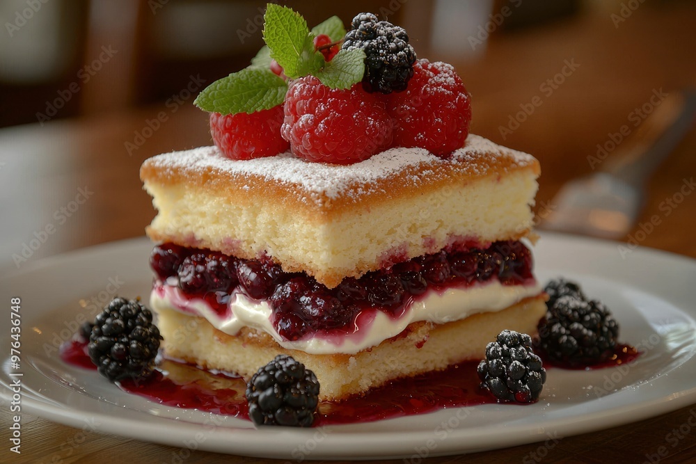 A Close-Up of a Delicious Dessert with Layers of Cake, Cream, and Berries A Close-Up of a Delicious Dessert with Layers of Cake, Cream, and Berries