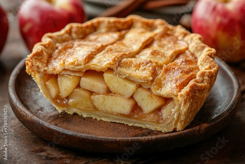 A Slice of Apple Pie on a Wooden Plate