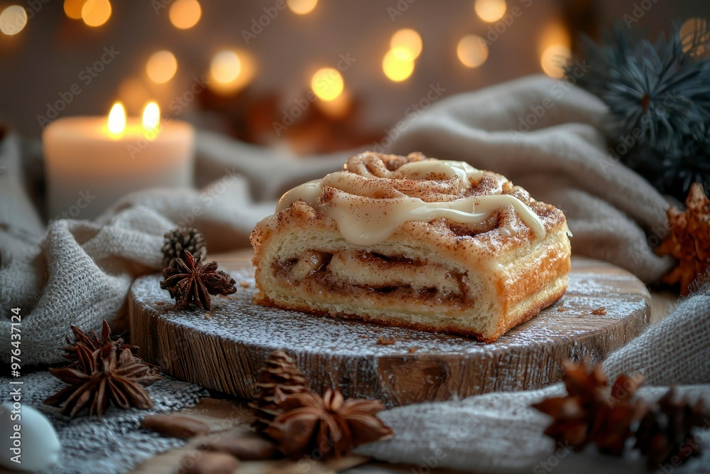 Cinnamon Roll with White Frosting on a Wooden Cutting Board Cinnamon Roll with White Frosting on a Wooden Cutting Board