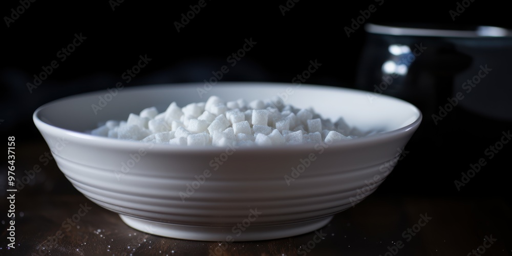 Close-up of white sugar cubes in a white bowl Close-up of white sugar cubes in a white bowl