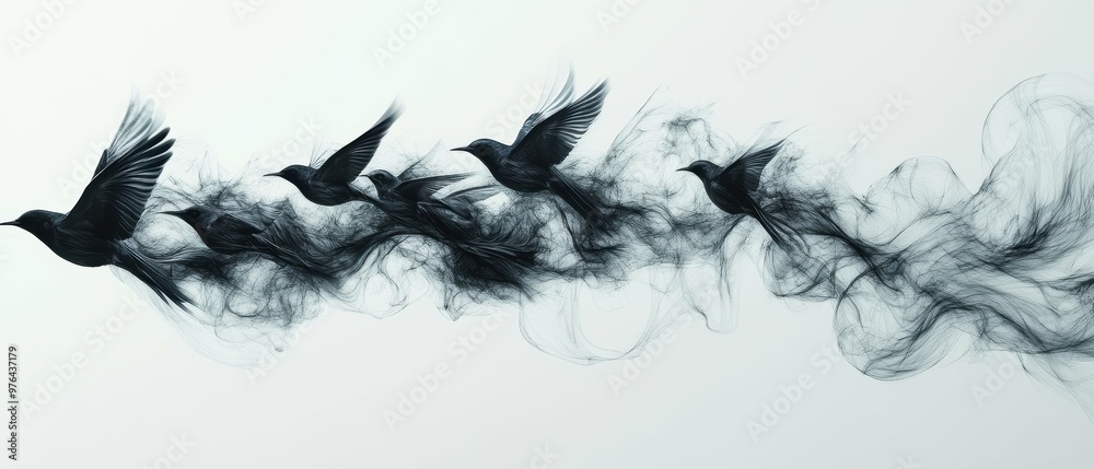 Fototapeta premium Flock of birds in fluid abstract motion against a simple monochromatic background