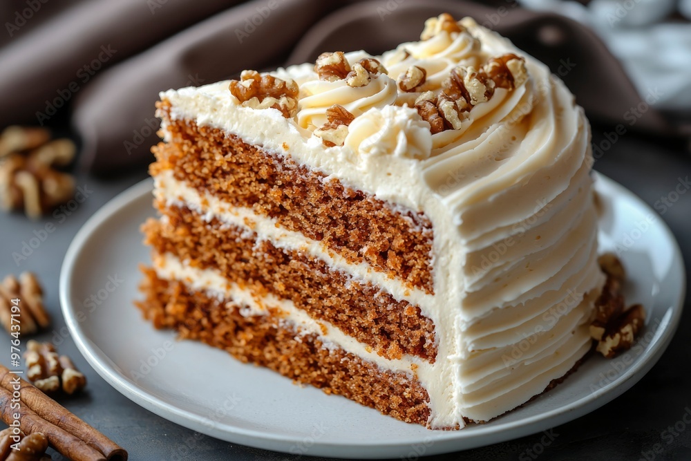 A slice of layered carrot cake with cream cheese frosting and walnuts A slice of layered carrot cake with cream cheese frosting and walnuts