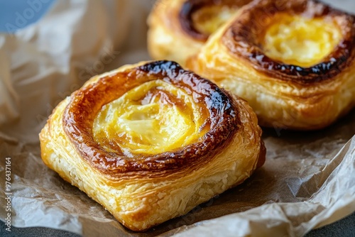 Close-up of a Golden Custard Pastry on Parchment Paper