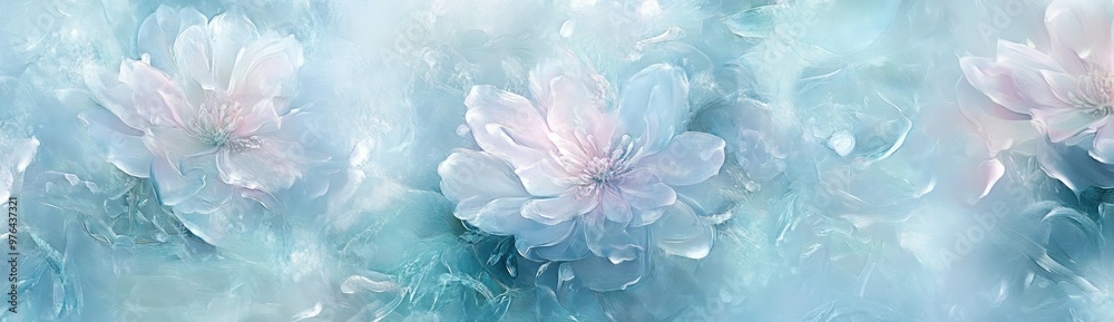 panoramic view of three pale pink flowers encased in ice, creating serene ethereal aesthetic, pastel colors, wintry backdrop, banner with copy space. winter-themed designs or backgrounds, large print. panoramic view of three pale pink flowers encased in ice, creating serene ethereal aesthetic, pastel colors, wintry backdrop, banner with copy space. winter-themed designs or backgrounds, large print.