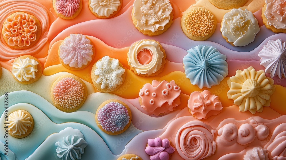 Assortment of delicate hand-piped cookies in playful shapes and patterns against a vibrant sunset-inspired backdrop