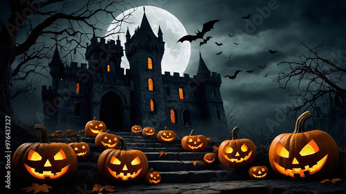 A spooky castle looms under a full moon, with glowing jack-o'-lanterns leading the way up a stone path. Bats fly across the dark sky